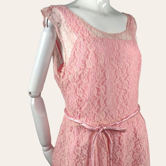 Vintage 1960s MCM Pink Lace Cocktail Dress Gown Long Sheath MOD Princess Core M - Picture 7 of 13